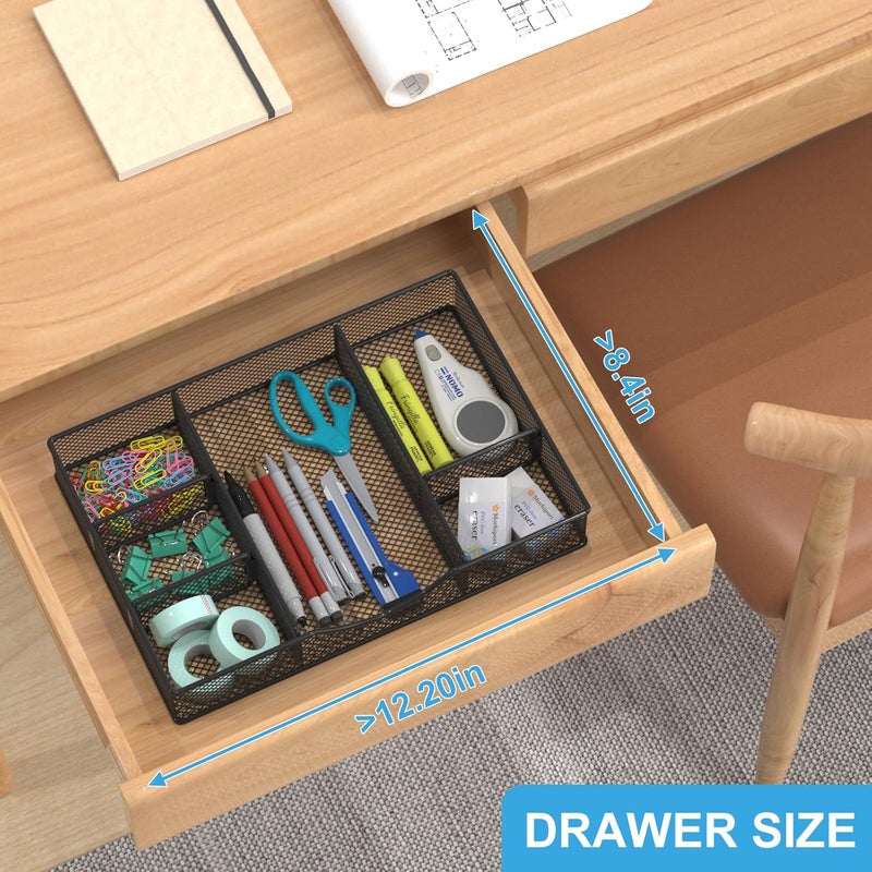 VyGrow Desk Drawer Organizer Tray, Metal Mesh Drawer Organizers Office, 6 Adjustable Compartment, Desk Organizer Tray for Home Office 12 x 8.26 x 1.96 inch, Black, 1 Pack - Image 3